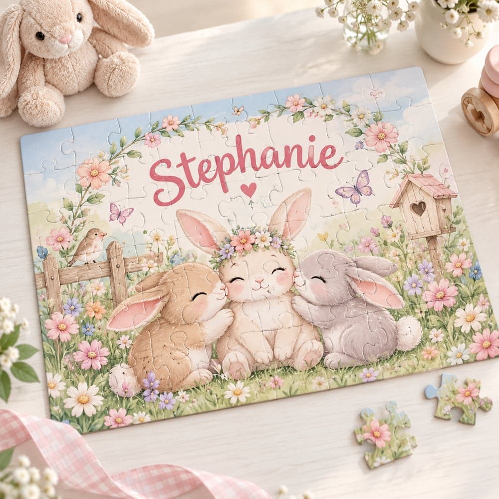 Personalized kids' puzzle with the child's name and three bunnies among flowers