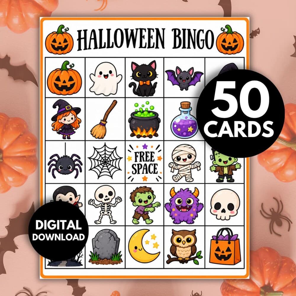 Printable Halloween bingo with illustrated cards for kids