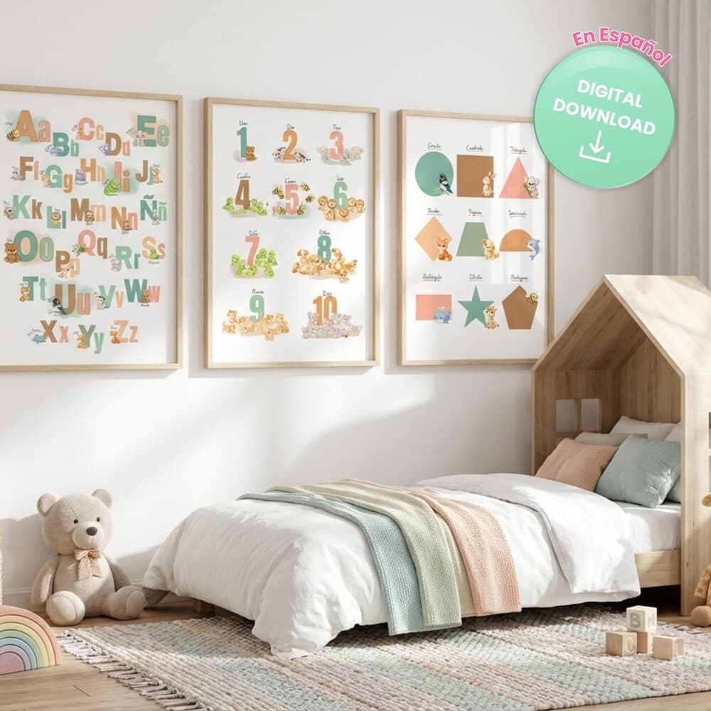 Set of three educational posters: animal alphabet, numbers 1 to 10 and shapes