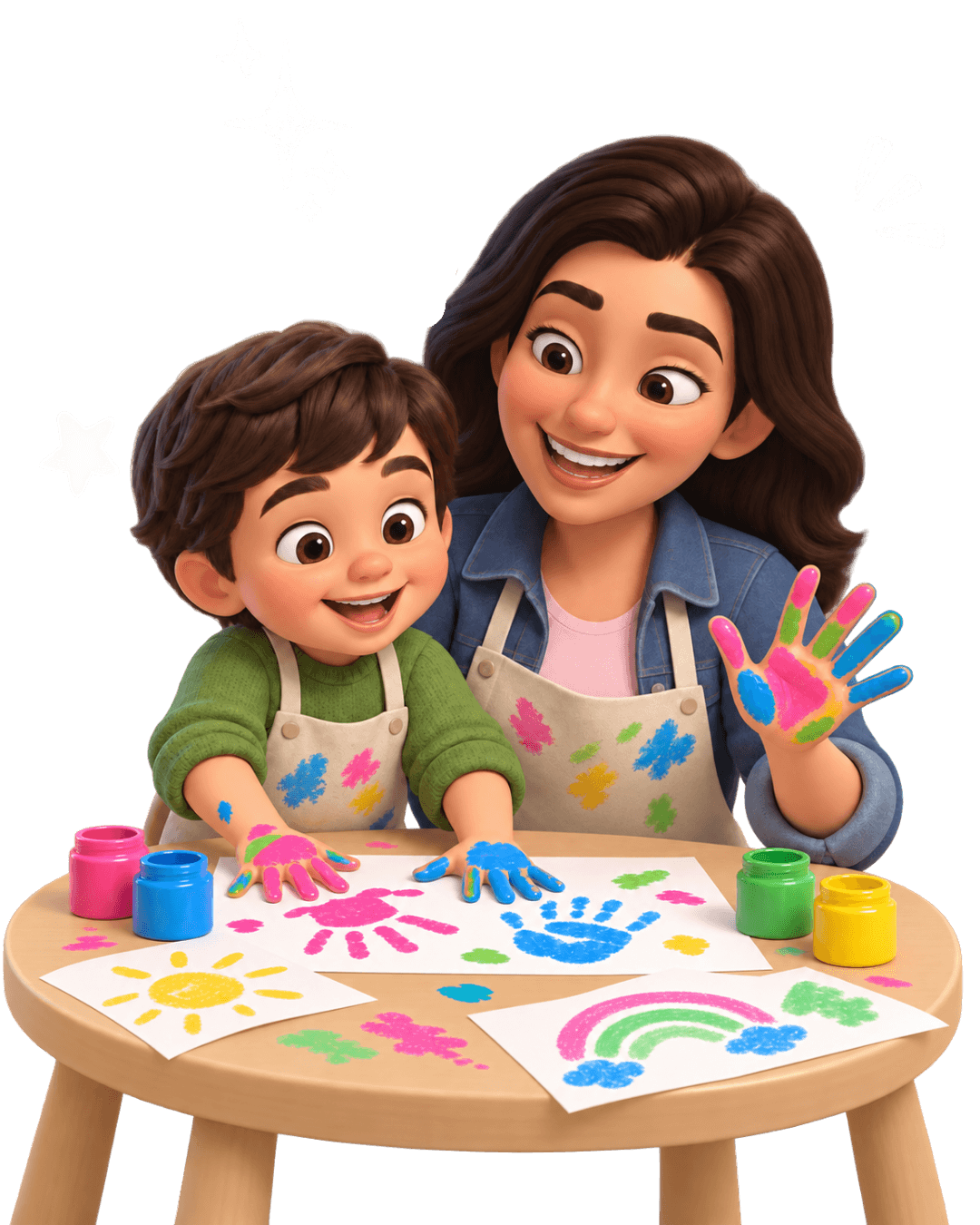 A mom and her little boy finger-painting together among paint pots and drawings