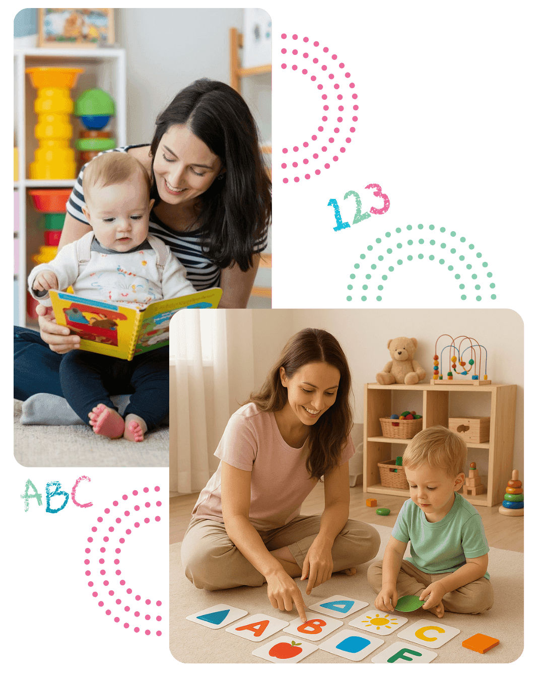 Moms playing with their little ones with letter cards and a book